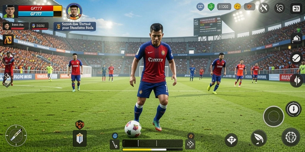 Tampilan gameplay sepak bola yang seru dan mendebarkan.