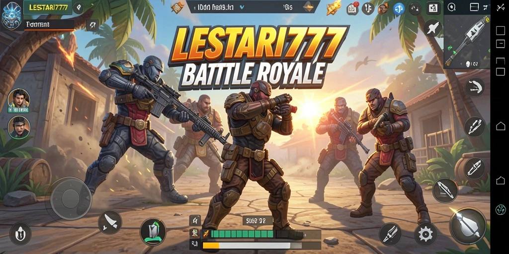 Gameplay intens di arena pertarungan LESTARI777 dengan suasana Battle Royale.